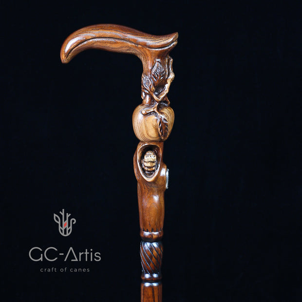 Wood Carved Walking Stick Cane - Paradise Apple Tree