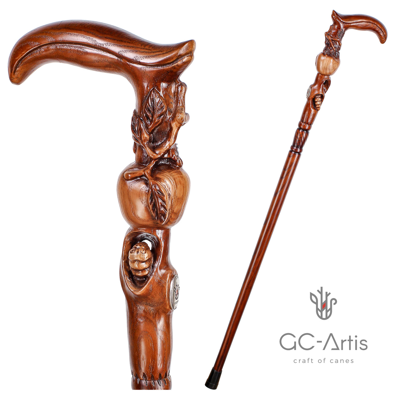 Wood Carved Walking Stick Cane - Paradise Apple Tree