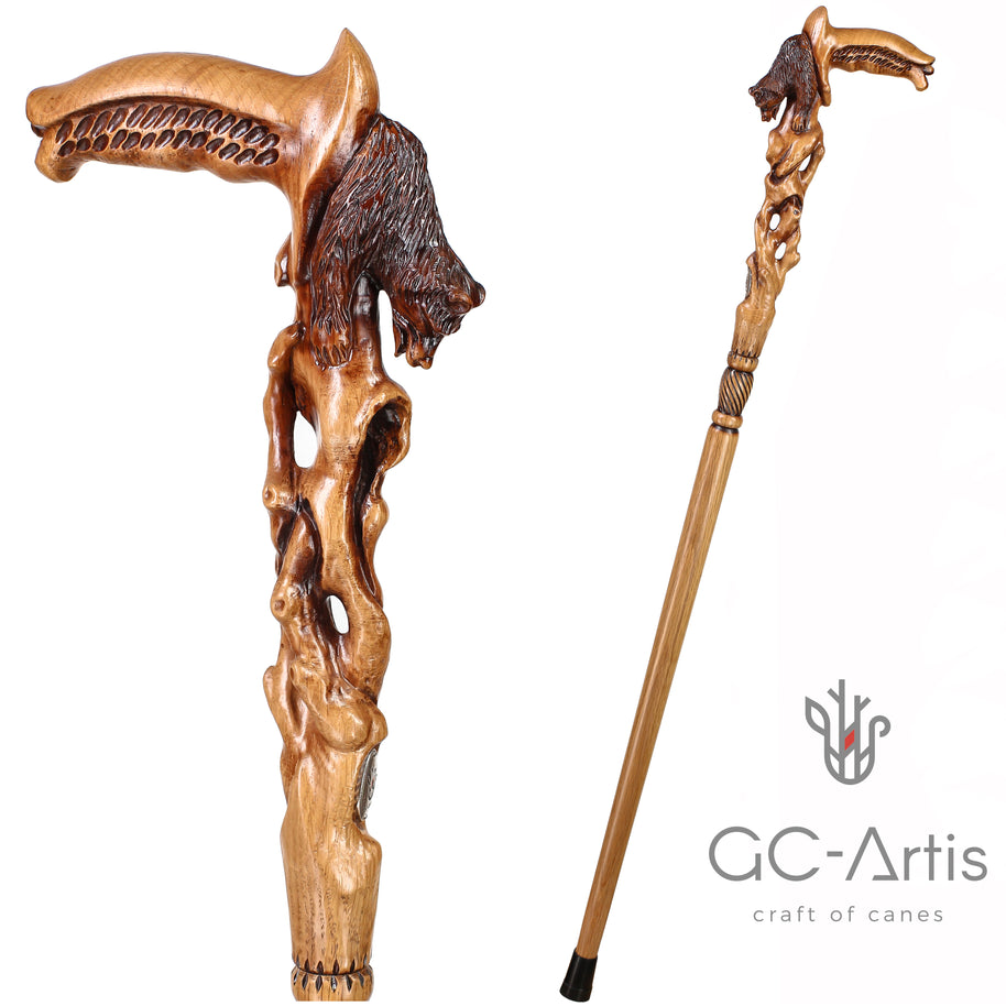 Canne de marche sculptée main ours éveillé bois clair