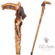 Awakening bear hand carved walking cane stick light
