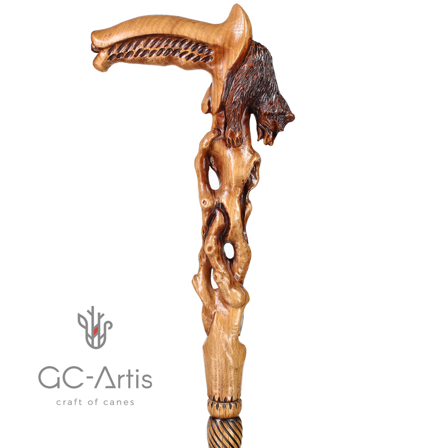 Canne de marche sculptée main ours éveillé bois clair