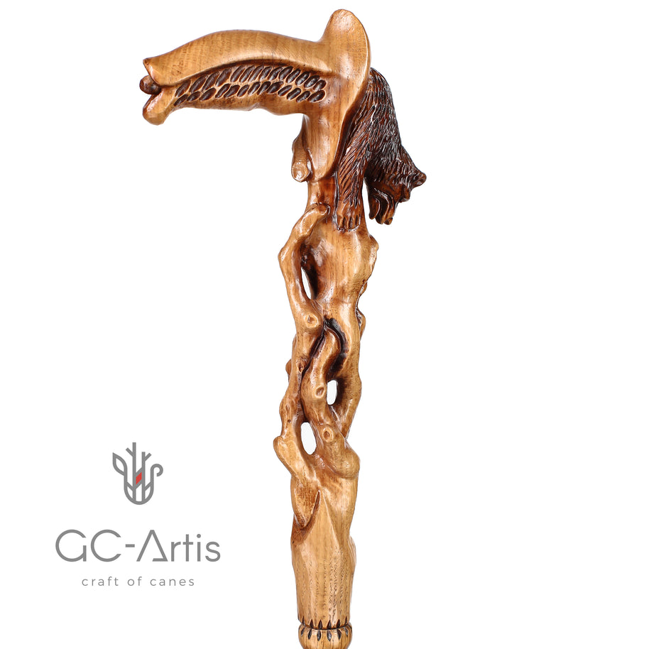 Canne de marche sculptée main ours éveillé bois clair