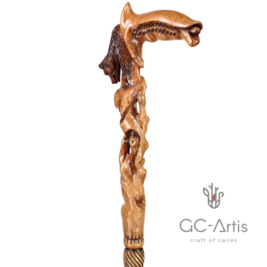 Canne de marche sculptée main ours éveillé bois clair
