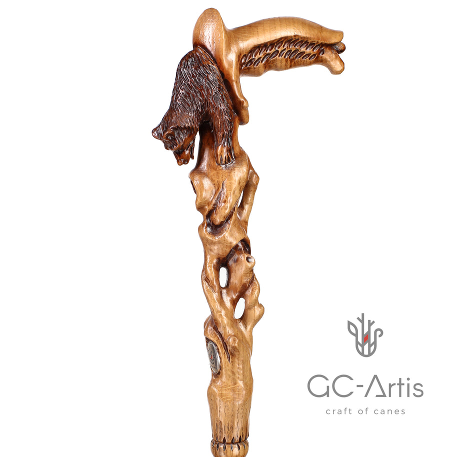 Canne de marche sculptée main ours éveillé bois clair