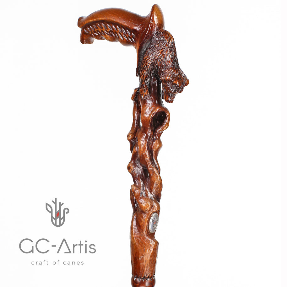 Canne de marche en bois sculpté à la main « Ours qui s’éveille »