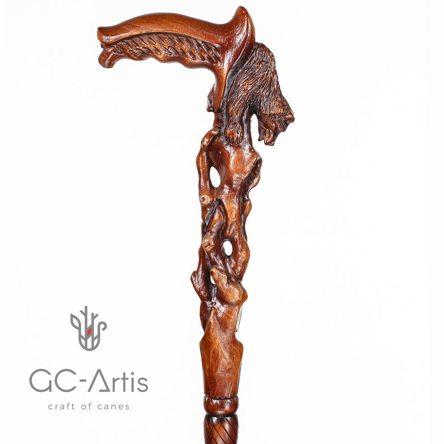 Canne de marche en bois sculpté à la main « Ours qui s’éveille »
