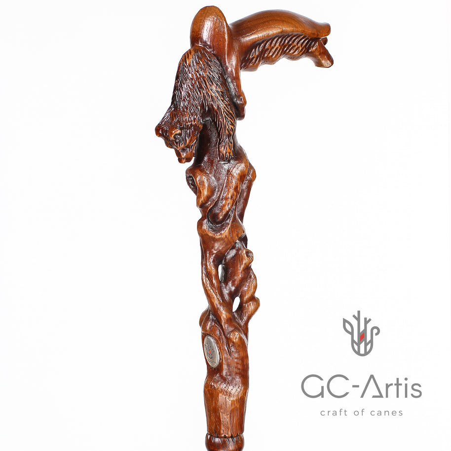 Canne de marche en bois sculpté à la main « Ours qui s’éveille »