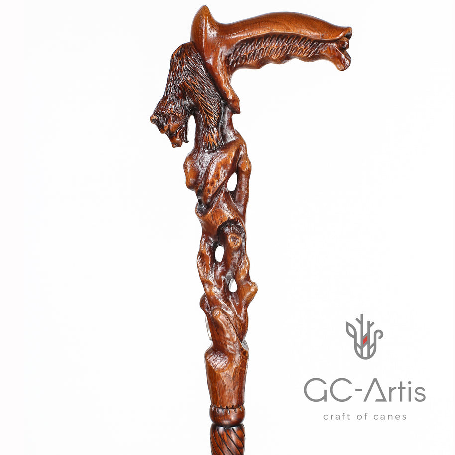 Canne de marche en bois sculpté à la main « Ours qui s’éveille »