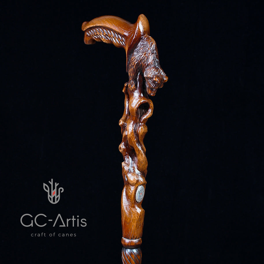 Canne de marche en bois sculpté à la main « Ours qui s’éveille »