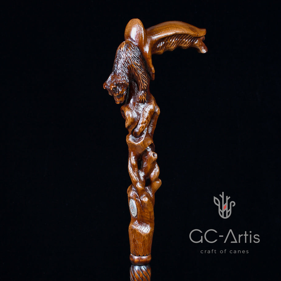 Canne de marche en bois sculpté à la main « Ours qui s’éveille »