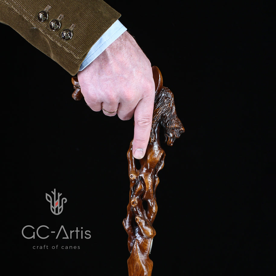 Canne de marche en bois sculpté à la main « Ours qui s’éveille »