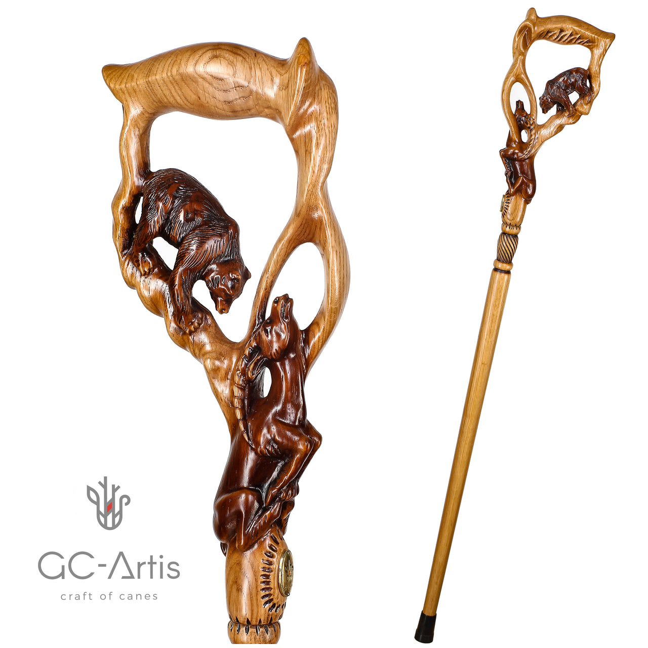 Grizzly Bear & GAZELLE Wood Carved Walking Stick Cane Light