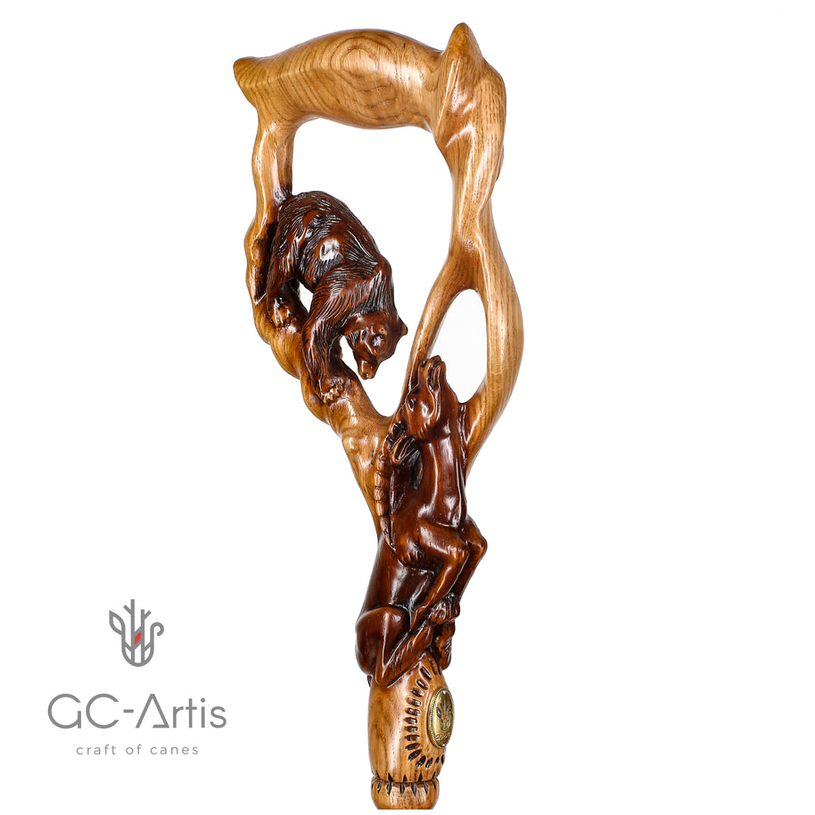 Canne de marche sculptée en bois Grizzly et GAZELLE Légère