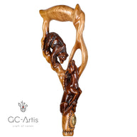 Grizzly Bear & GAZELLE Wood Carved Walking Stick Cane Light