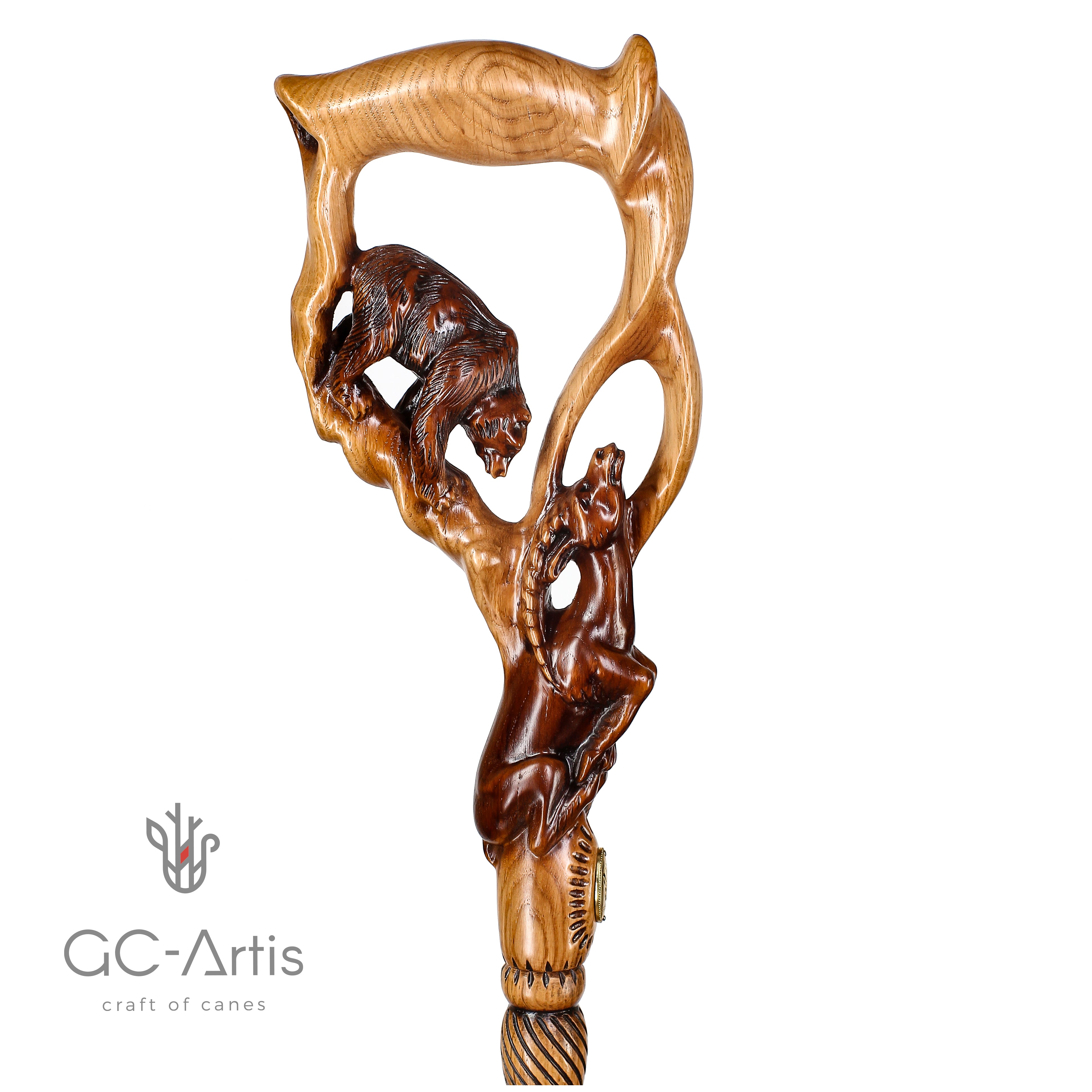 Grizzly Bear & GAZELLE Wood Carved Walking Stick Cane Light