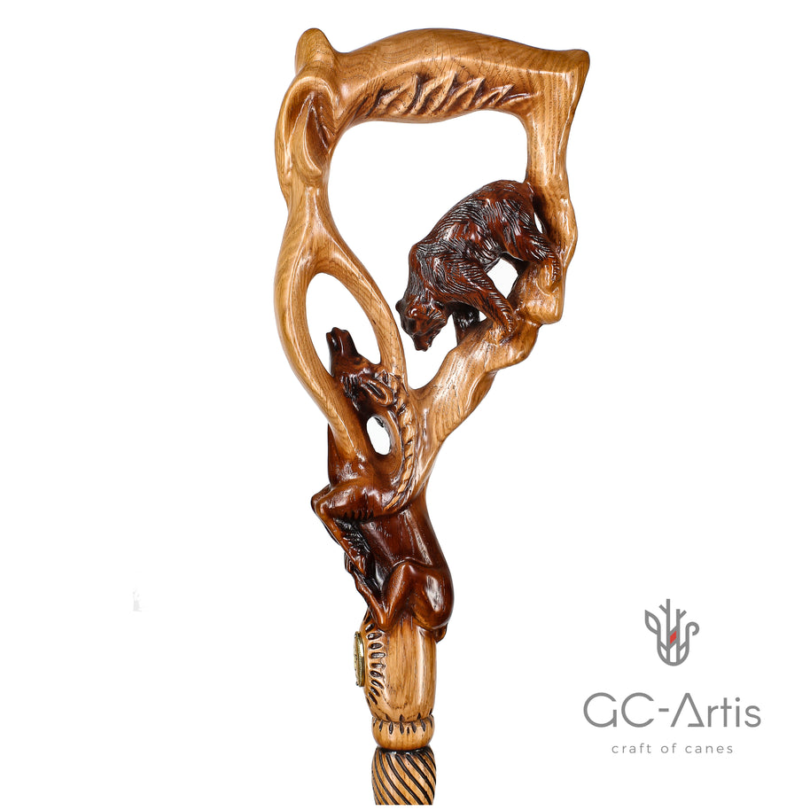 Canne de marche sculptée en bois Grizzly et GAZELLE Légère