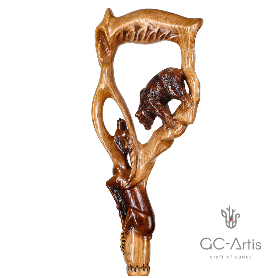 Canne de marche sculptée en bois Grizzly et GAZELLE Légère