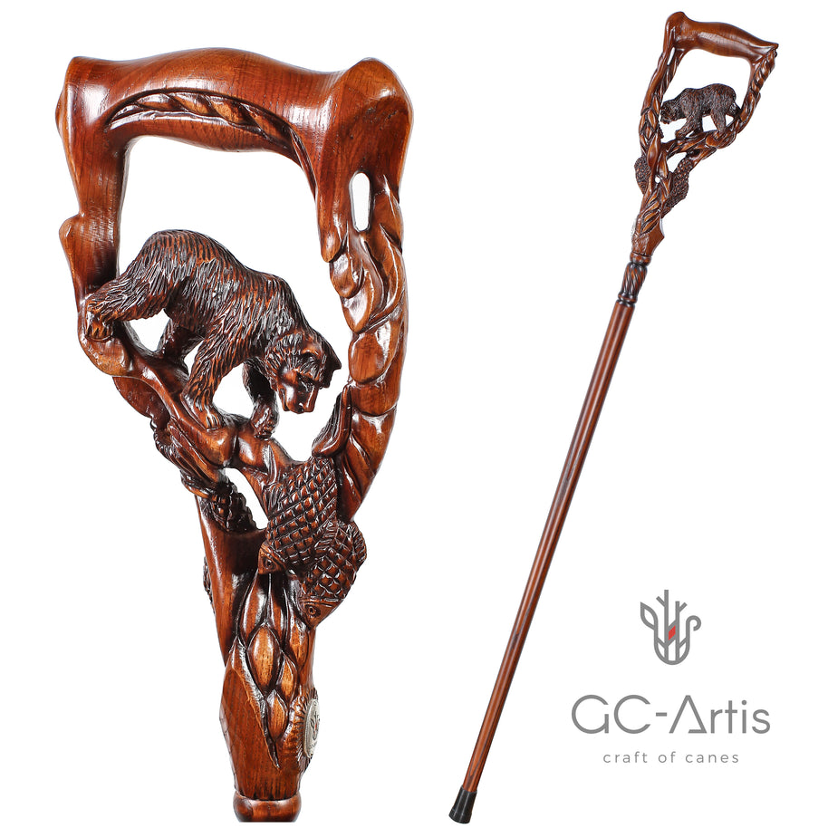 Canne de marche en bois foncé Ours Grizzly & Saumon