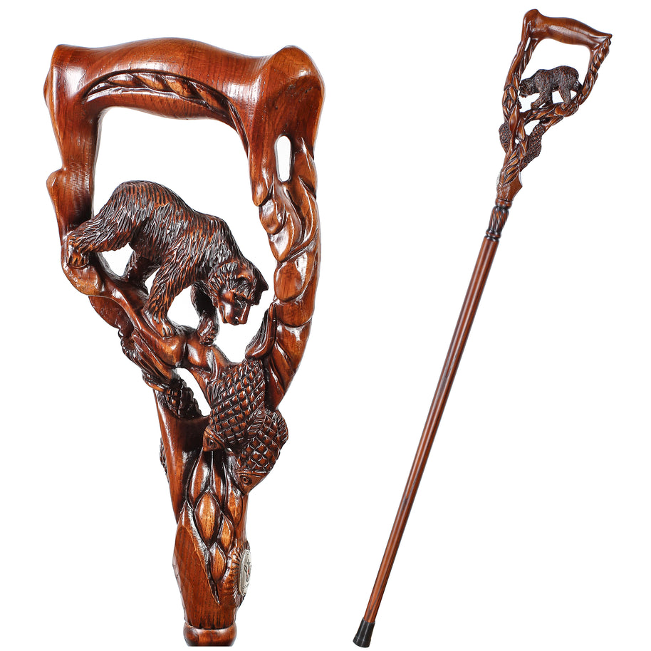 Canne de marche en bois foncé Ours Grizzly & Saumon