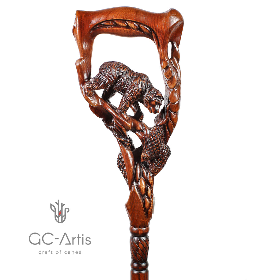 Canne de marche en bois foncé Ours Grizzly & Saumon