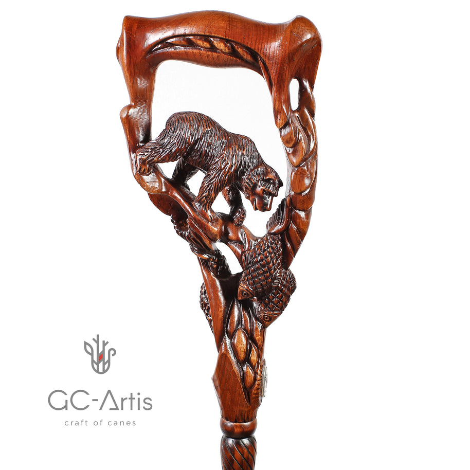 Canne de marche en bois foncé Ours Grizzly & Saumon