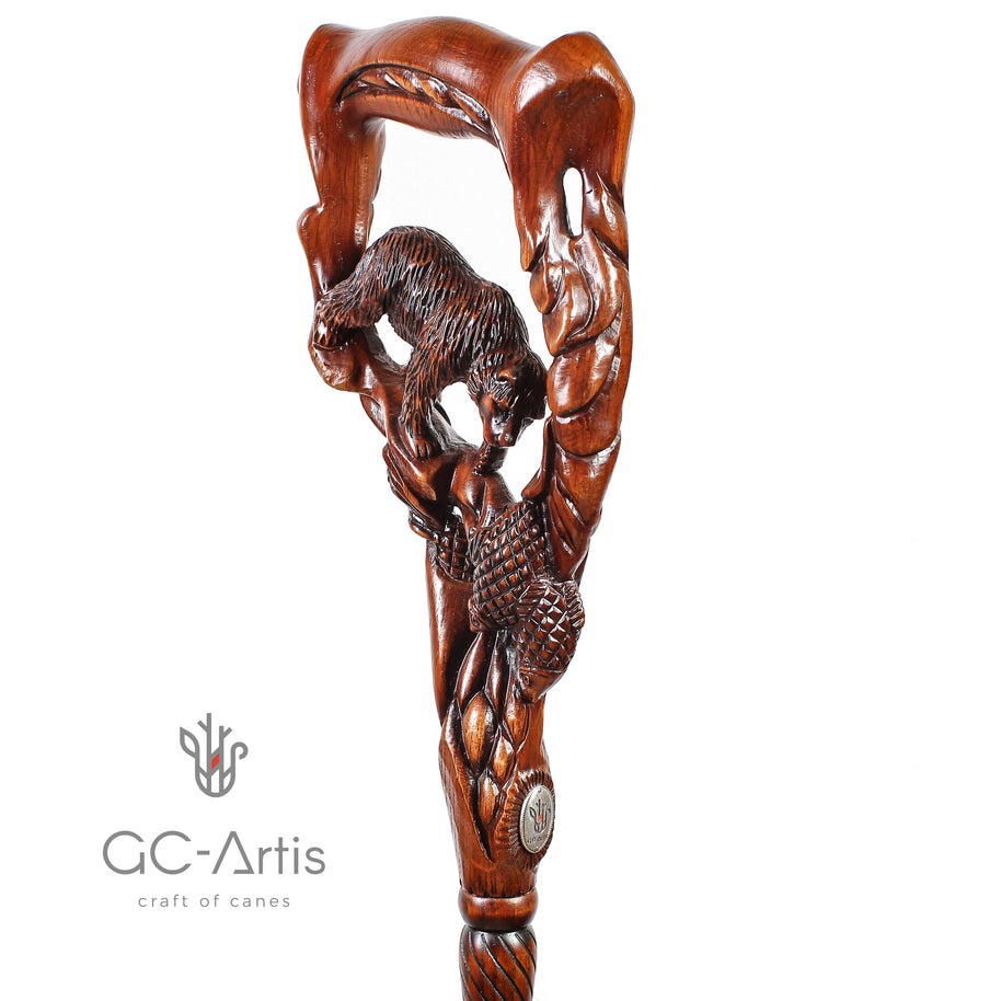 Canne de marche en bois foncé Ours Grizzly & Saumon