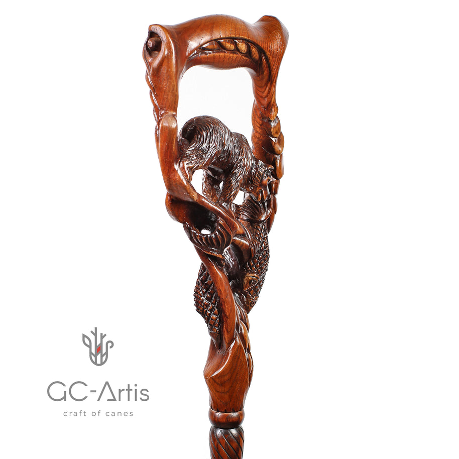 Canne de marche en bois foncé Ours Grizzly & Saumon