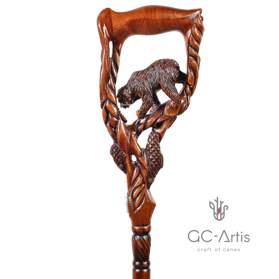 Canne de marche en bois foncé Ours Grizzly & Saumon