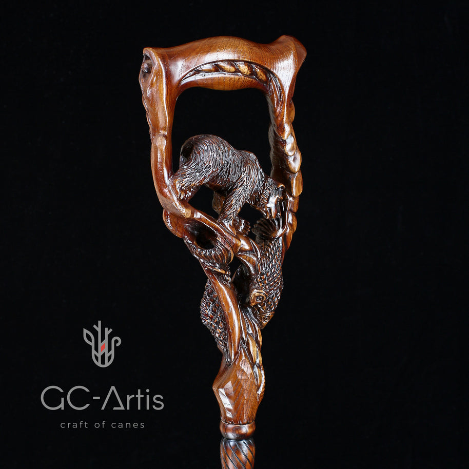 Canne de marche en bois foncé Ours Grizzly & Saumon