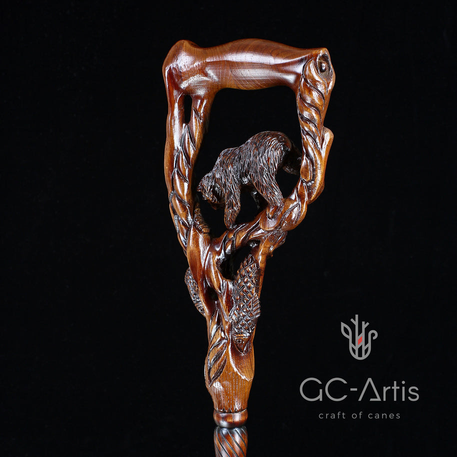 Canne de marche en bois foncé Ours Grizzly & Saumon