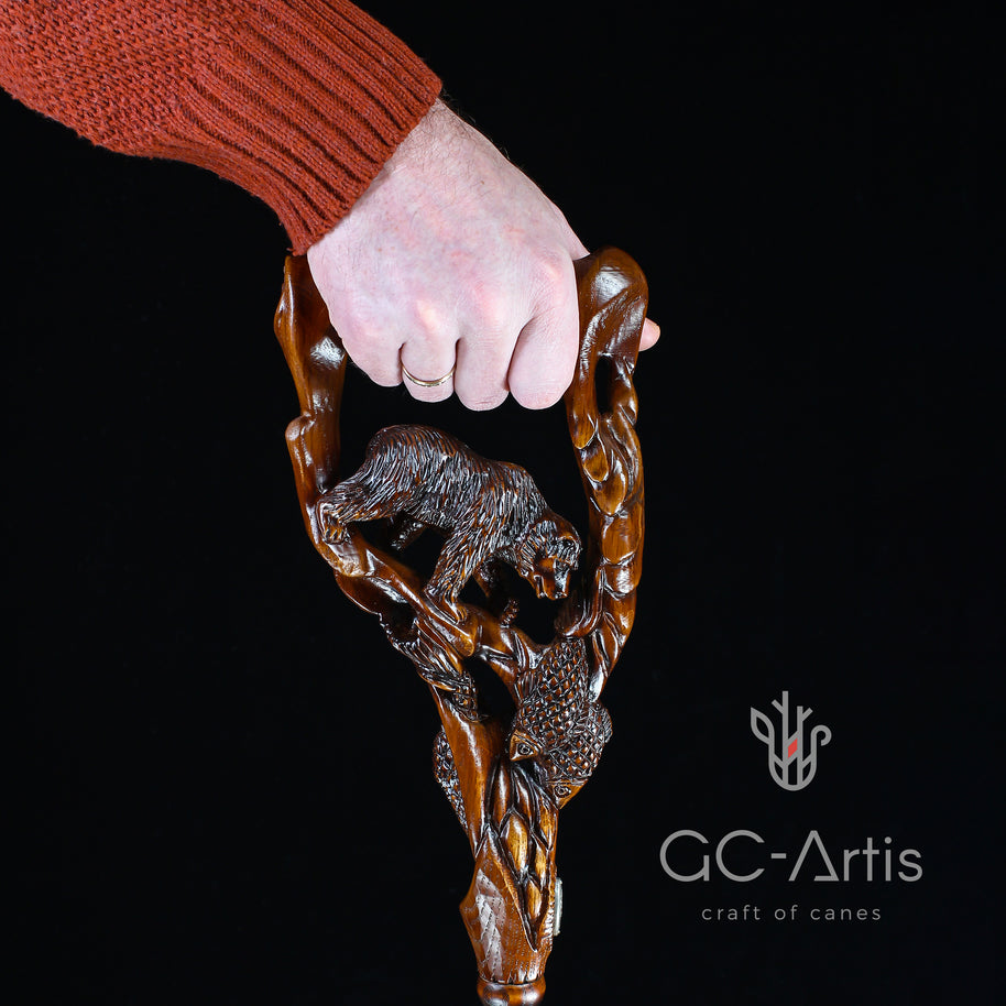 Canne de marche en bois foncé Ours Grizzly & Saumon