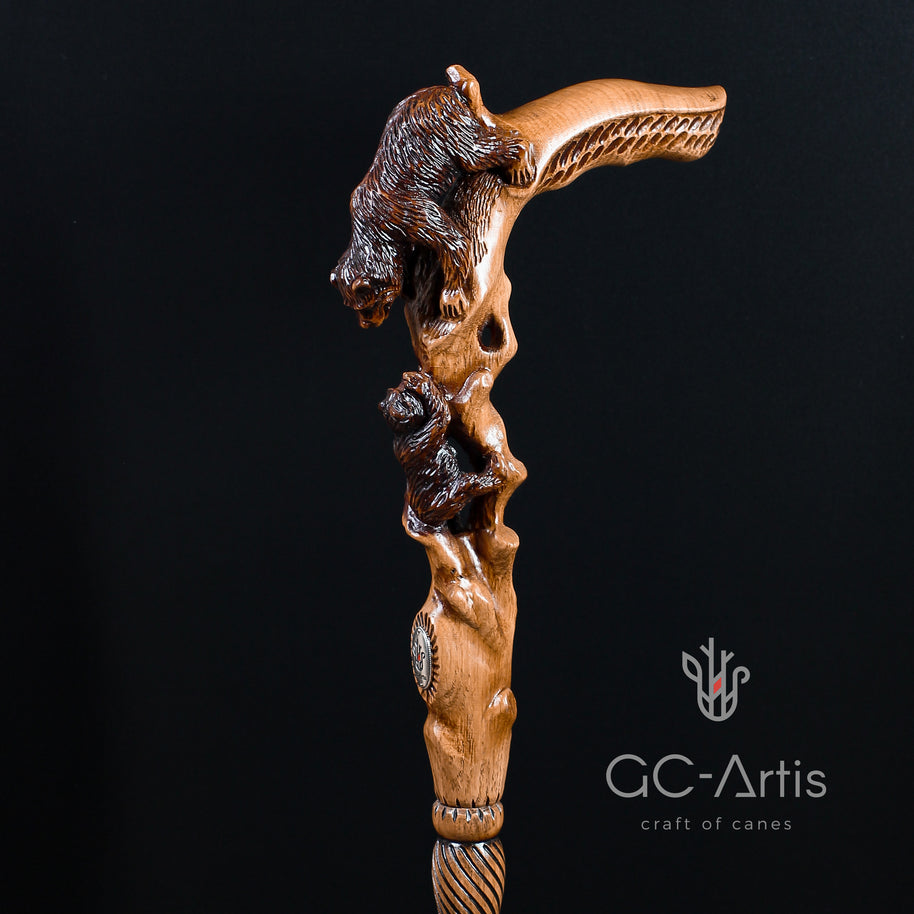 Canne de marche Maman Ours en bois clair