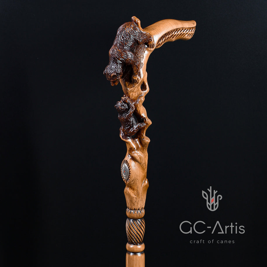 Canne de marche Maman Ours en bois clair