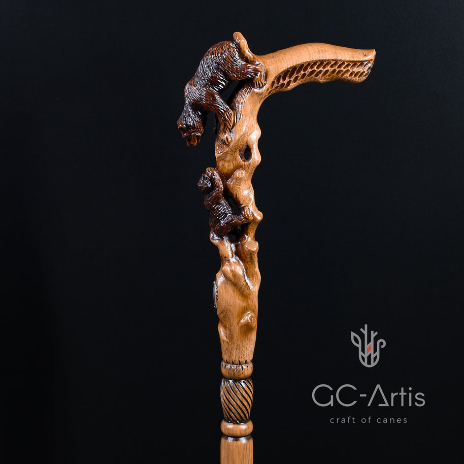 Canne de marche Maman Ours en bois clair