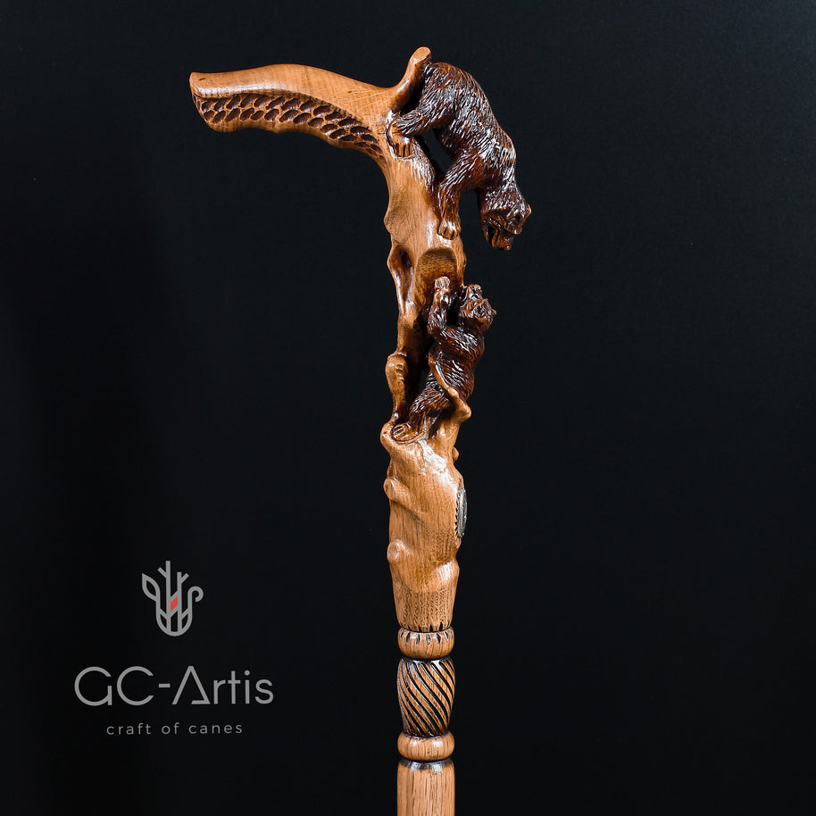 Canne de marche Maman Ours en bois clair
