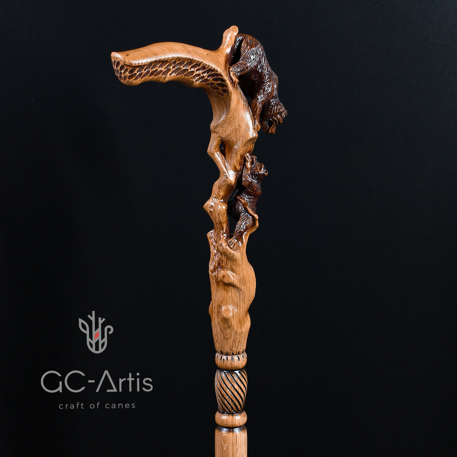 Canne de marche Maman Ours en bois clair
