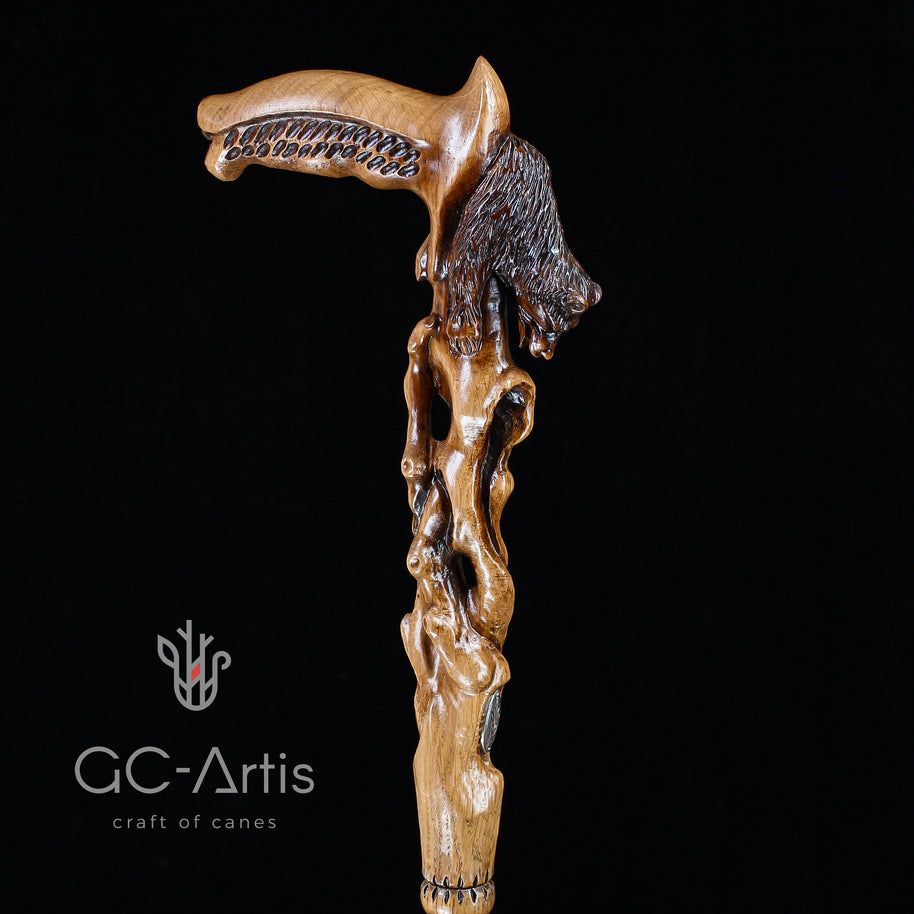Canne de marche sculptée main ours éveillé bois clair