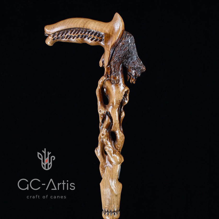 Canne de marche sculptée main ours éveillé bois clair
