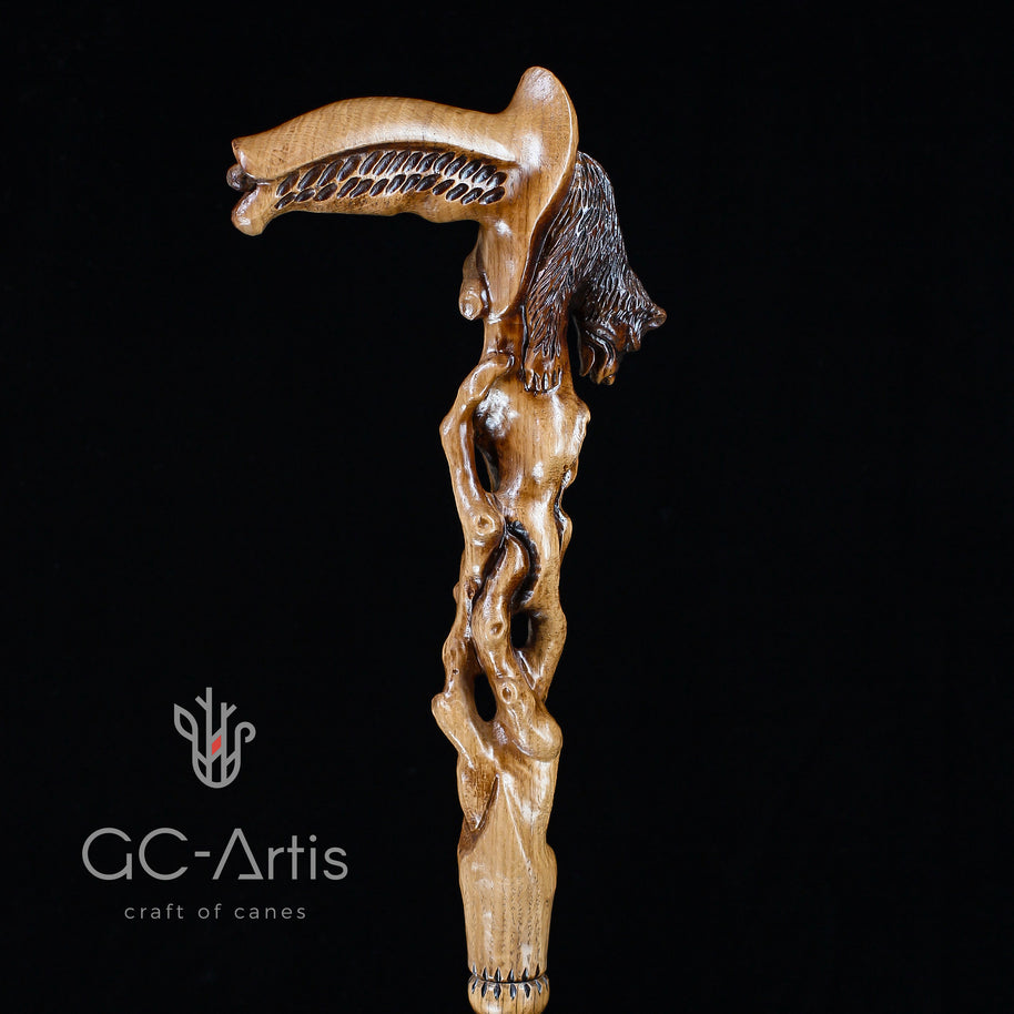 Canne de marche sculptée main ours éveillé bois clair