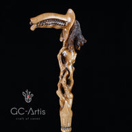 Awakening bear hand carved walking cane stick light