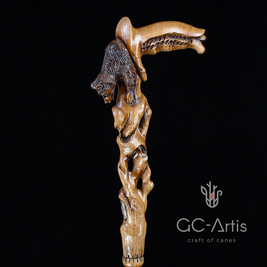 Canne de marche sculptée main ours éveillé bois clair