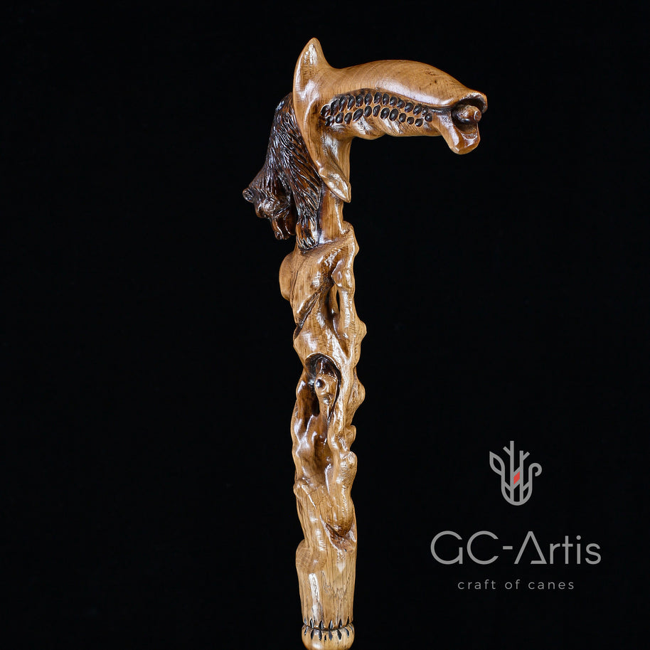 Canne de marche sculptée main ours éveillé bois clair