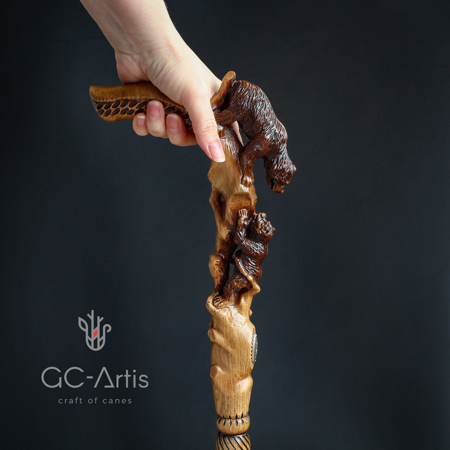 Canne de marche Maman Ours en bois clair