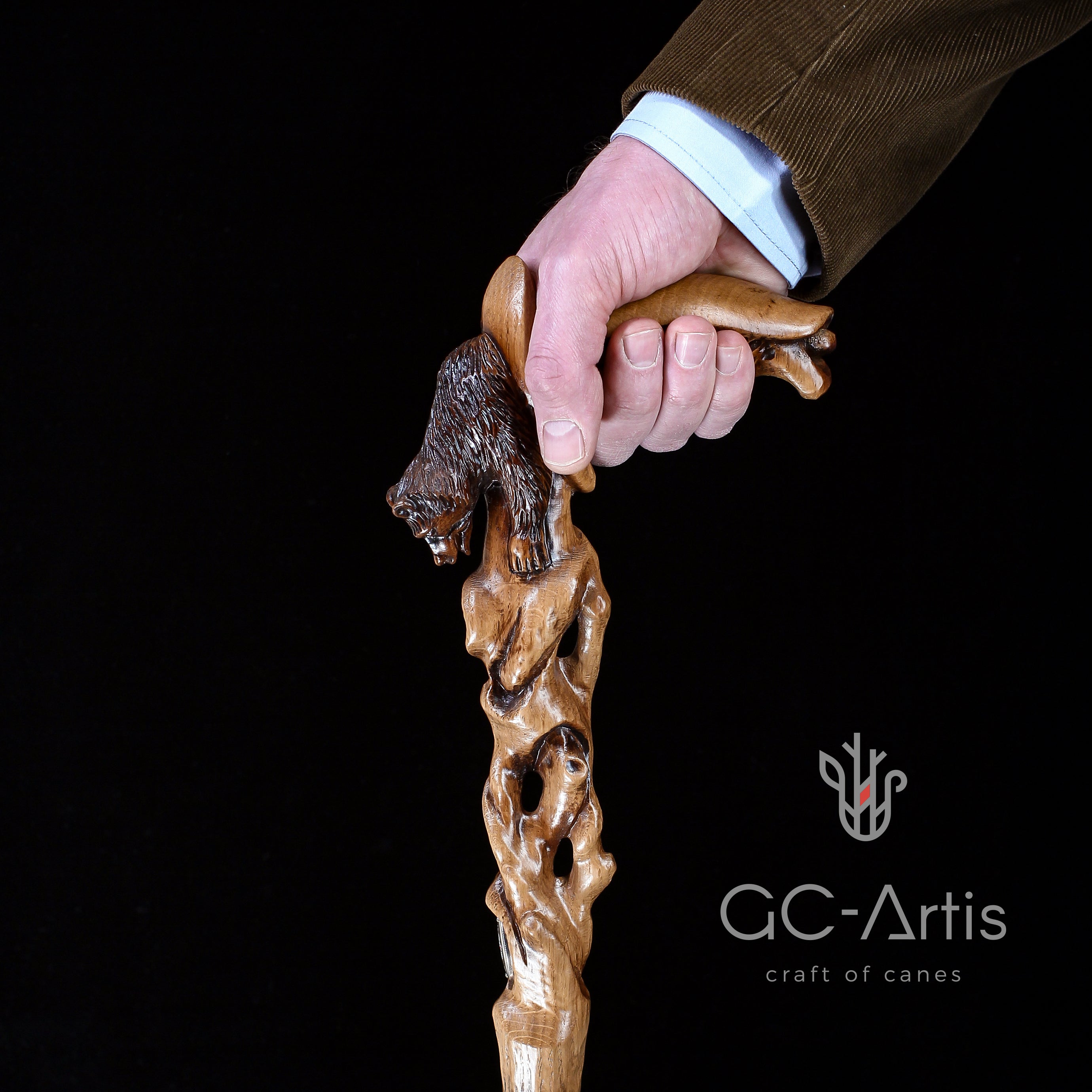 Awakening bear hand carved walking cane stick light