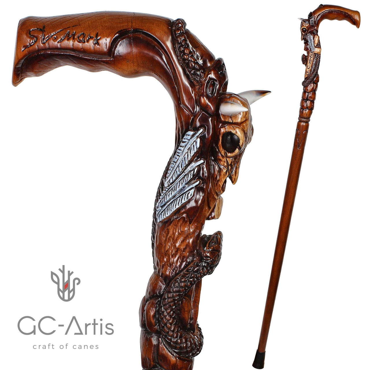 Buffalo Skull & Snake Dark Wooden Cane Walking Stick - GC-Artis Walking Sticks Canes