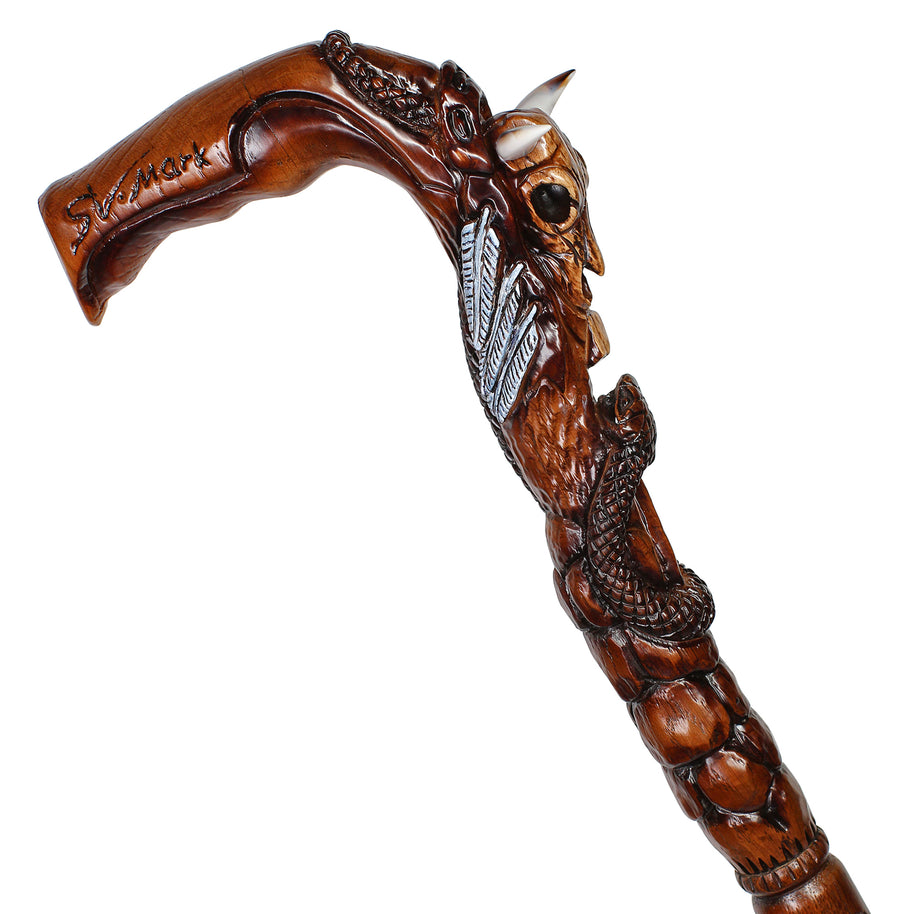 Canne en bois Bâton de marche Crâne de bison et serpent