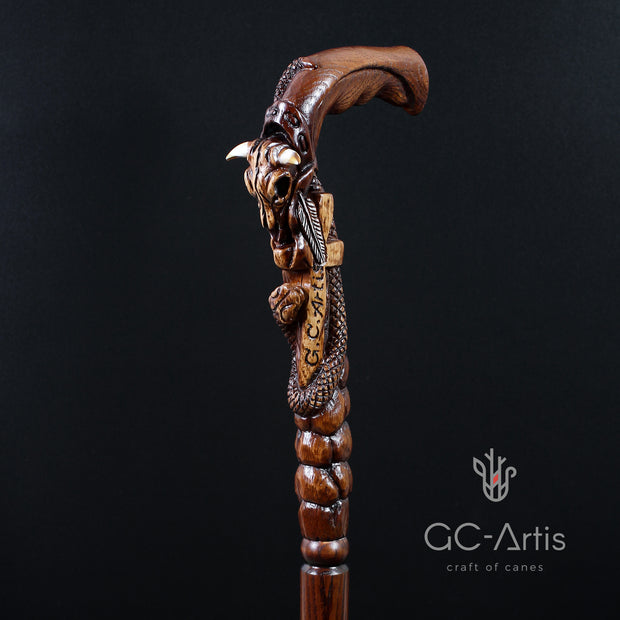 Buffalo Skull & Snake Dark Wooden Cane Walking Stick - GC-Artis Walking Sticks Canes