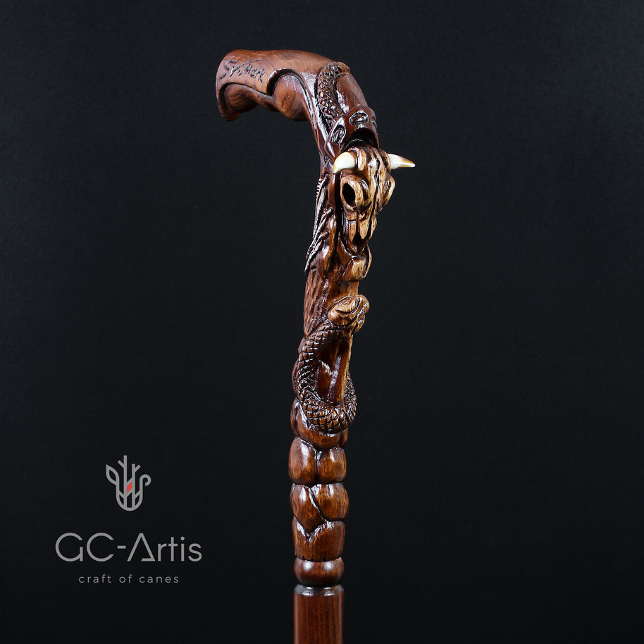 Canne en bois Bâton de marche Crâne de bison et serpent