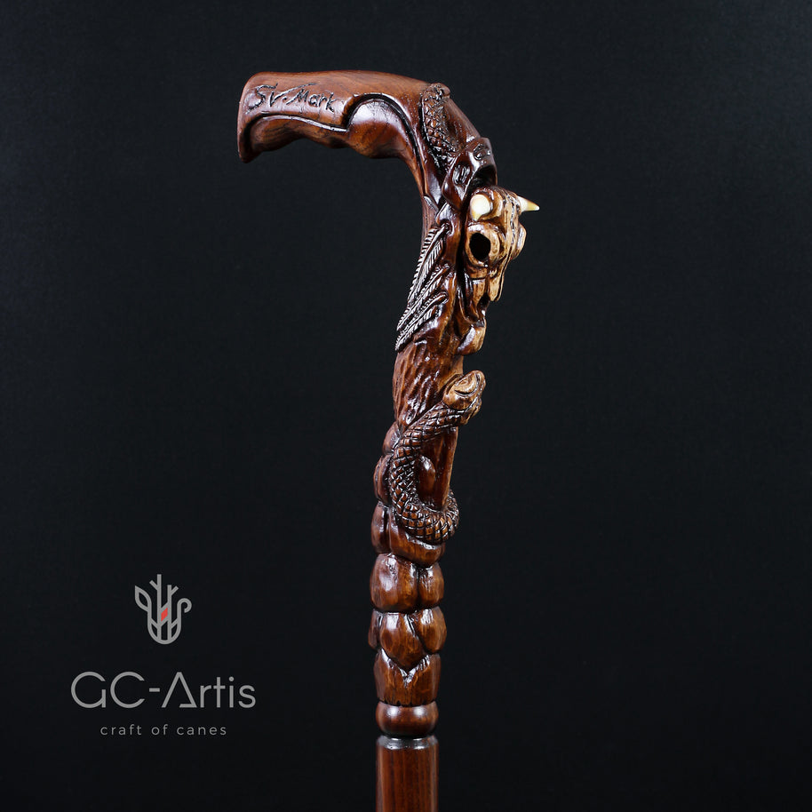 Canne en bois Bâton de marche Crâne de bison et serpent