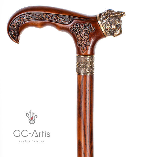 Wild Cat Gentleman Wooden Cane Walking Stick Bronze